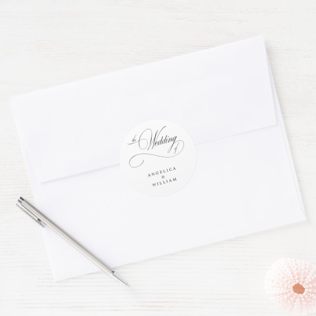 CLASSIC ELEGANT BLACK AND WHITE WEDDING SCRIPT CLASSIC ROUND STICKER (Envelope)