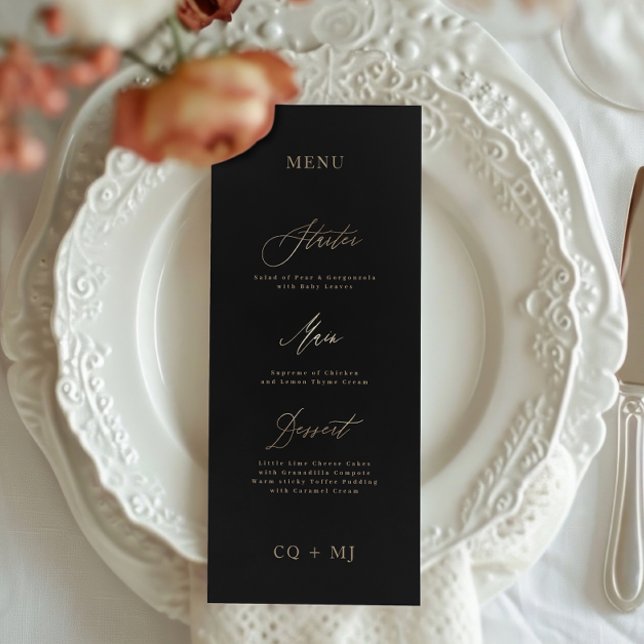 Classic Elegant Black Gold Calligraphy Wedding Menu (Creator Uploaded)