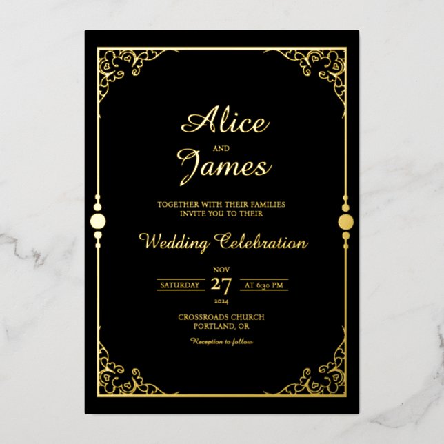 Classic Elegant Black Gold Foil Wedding Invitation (Front)