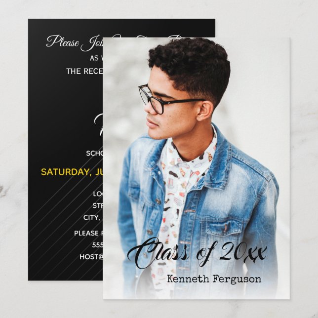 Classic Elegant Black Graduation Party Photo Invitation (Front/Back)