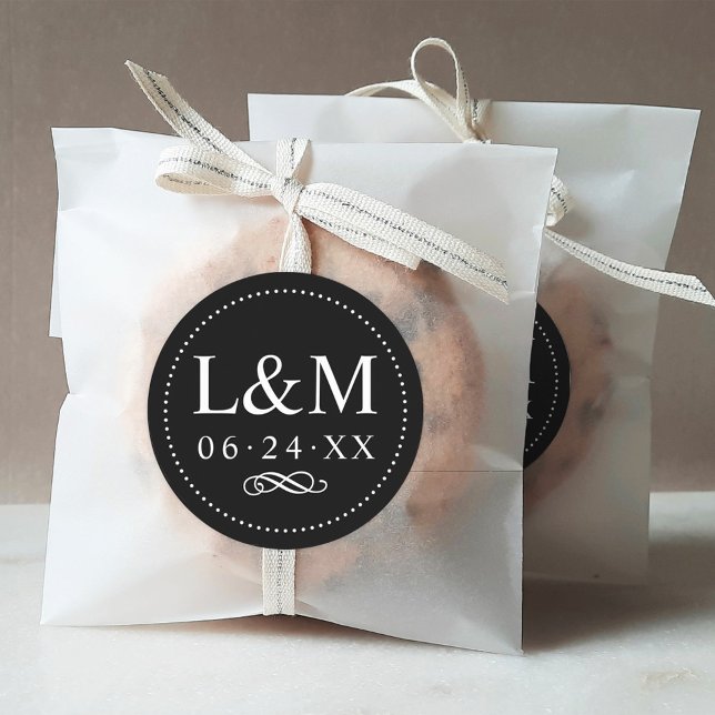 Classic Elegant Black Monogram Wedding Round Sticker (Creator Uploaded)