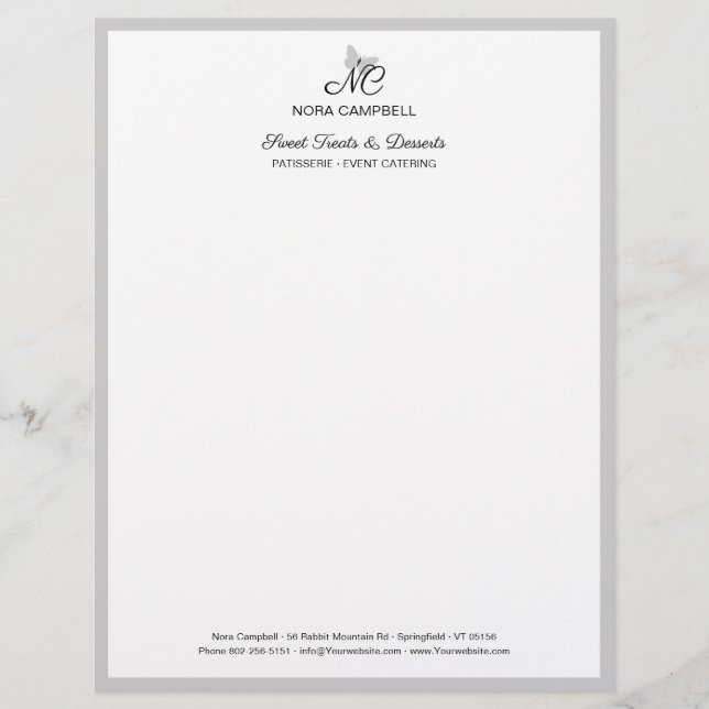 Classic Elegant Black Script Monogram Gray Frame Letterhead (Front)