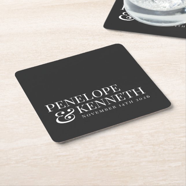 Classic Elegant Black Simple Custom Wedding Names Square Paper Coaster (Angled)
