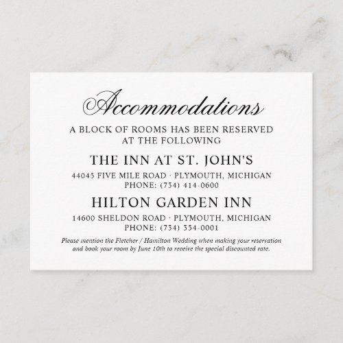Classic Elegant Black Wedding Accommodations Enclosure Card