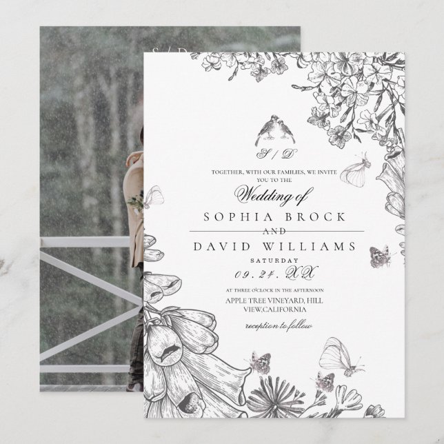 Classic Elegant Black White Floral Wedding  Invitation (Front/Back)