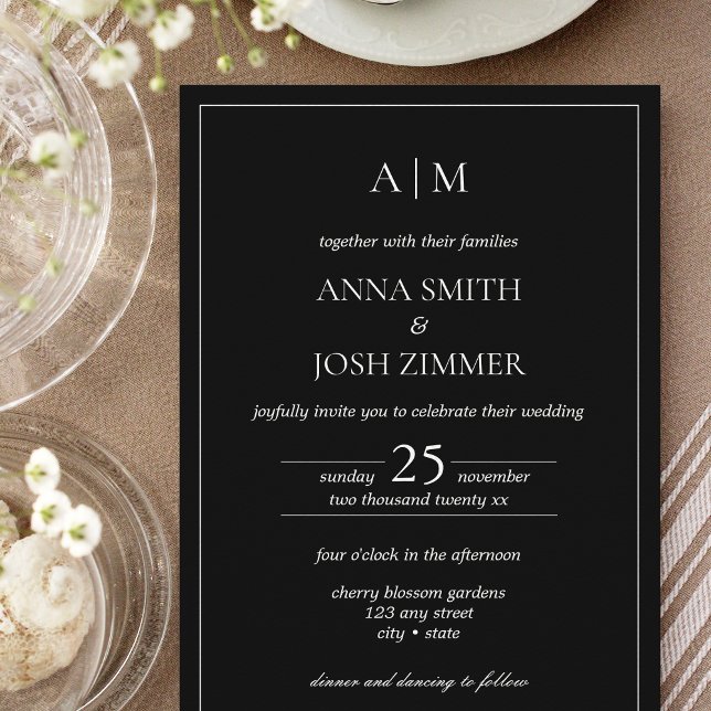 Classic Elegant Black & White Minimalist Monogram Invitation (All Black Classy Wedding Invitation)