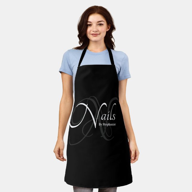 Classic Elegant Black & White Monogram Nail Artist Apron (Worn)