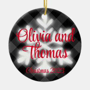 Classic elegant Black white plaid snow flake  Ceramic Ornament