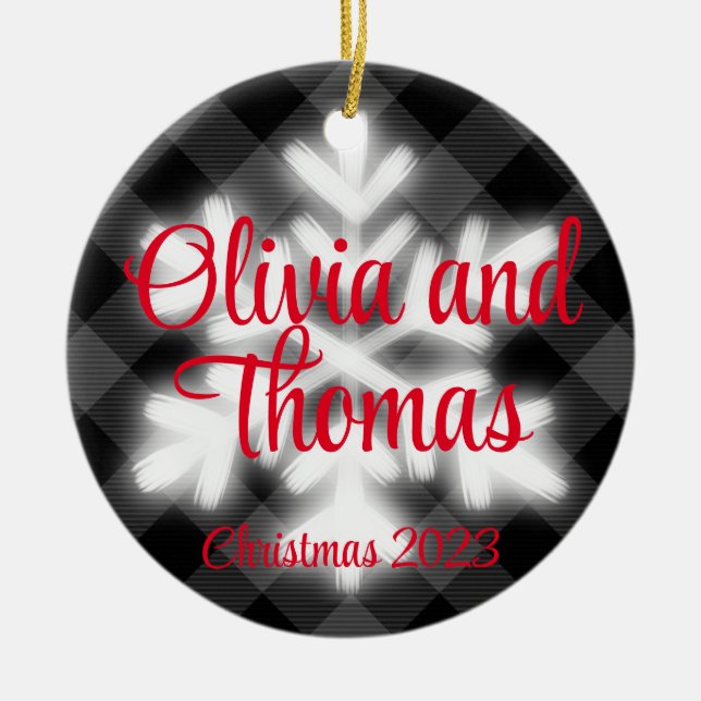 Classic elegant Black white plaid snow flake  Ceramic Ornament (Front)