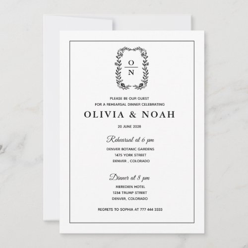 CLASSIC ELEGANT BLACK WHITE SIMPLE FORMAL REHEARSL INVITATION