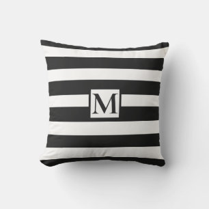 Classic elegant black white strips monogram outdoor pillow