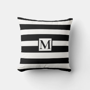 Classic elegant black white strips monogram throw pillow