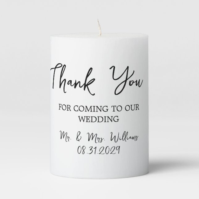 Classic Elegant Black & White Wedding Thank You Pillar Candle (Front)