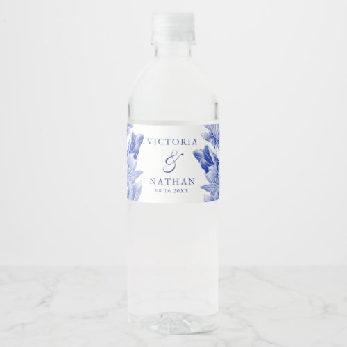 Classic Elegant Blue and White Floral Wedding  Water Bottle Label