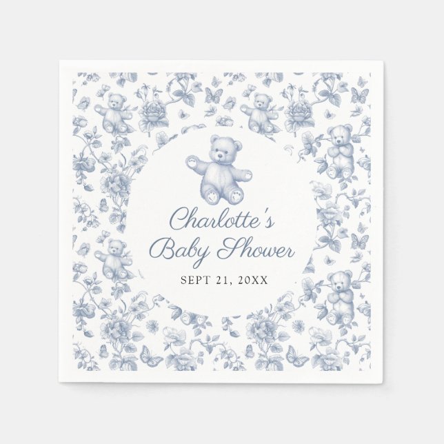 Classic Elegant Blue Boy Bear Baby Shower Toile Napkins (Front)