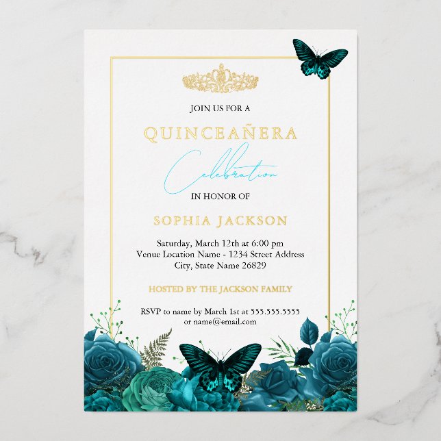 Classic Elegant Blue Butterfly Photo Quinceanera  Foil Invitation (Front)