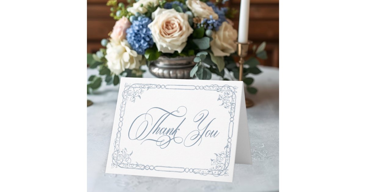 Classic Elegant Blue Floral Frame Photo Wedding Thank You Card | Zazzle