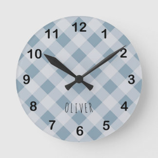 Classic Elegant Blue Gingham Plaid & Custom Name  Round Clock