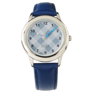 Classic Elegant Blue Gingham Plaid & Custom Name  Watch