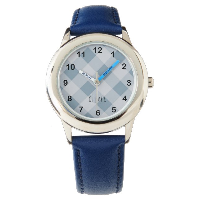 Classic Elegant Blue Gingham Plaid & Custom Name  Watch (Front)
