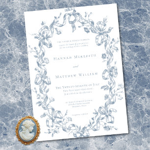 Classic Elegant Blue Oval Ribbon Frame Wedding Invitation