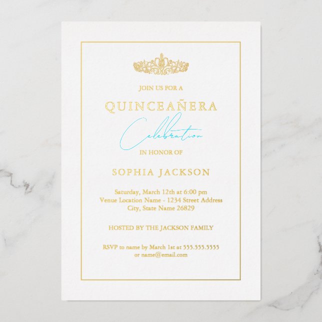 Classic Elegant Blue Photo Quinceanera Foil Invitation (Front)