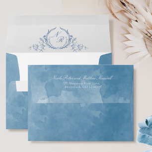 Classic Elegant, Blue Watercolor, Monogram Wedding Envelope