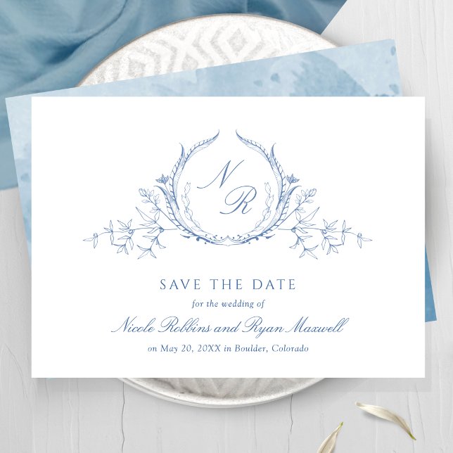 Classic, Elegant Blue Watercolor Monogram Wedding Save The Date (Creator Uploaded)