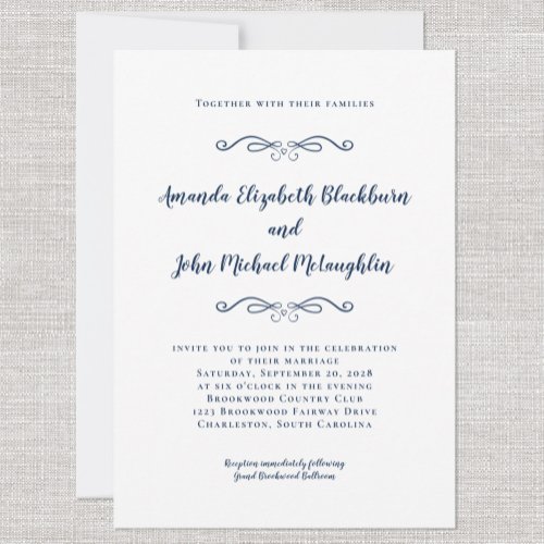 Classic Elegant Blue White Timeless Formal Wedding Invitation