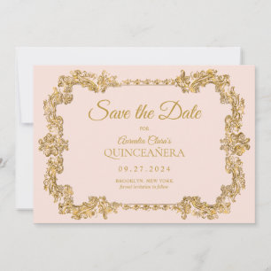 Classic Elegant Blush Pink Gold Frame Quinceanera Announcement