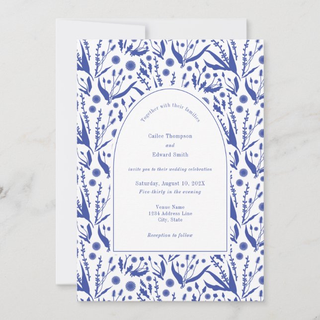 Classic Elegant Botanicals in Blue Wedding  Invitation (Front)