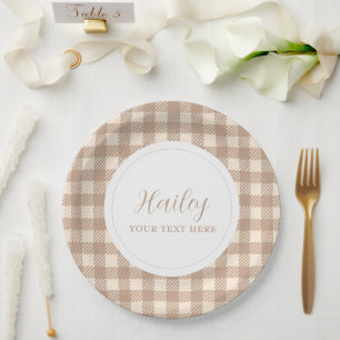 classic elegant brown beige gingham plaid Party Paper Plates