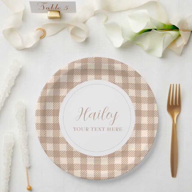 classic elegant brown beige gingham plaid Party Paper Plates (Wedding)