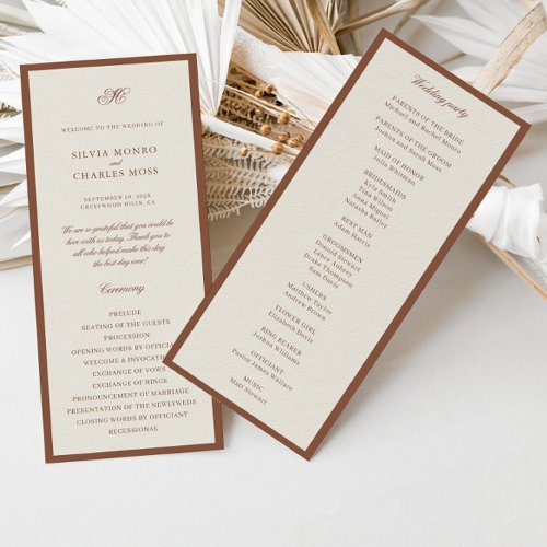 Classic Elegant Brown  Ecru Wedding Program