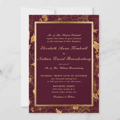 Classic Elegant Burgundy  Gold Floral Wedding  Invitation