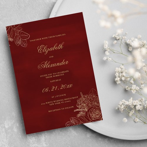 Classic elegant burgundy gold foil flowers wedding invitation