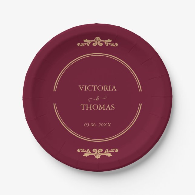 Classic Elegant Burgundy & Gold Wedding  Paper Plates (Front)