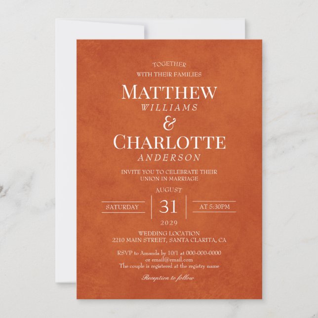 Classic Elegant Burnt Orange Wedding Invitation (Front)