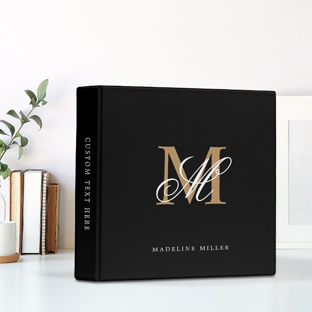 Classic Elegant Calligraphy Black Gold 2 Monogram 3 Ring Binder (Creator Uploaded)