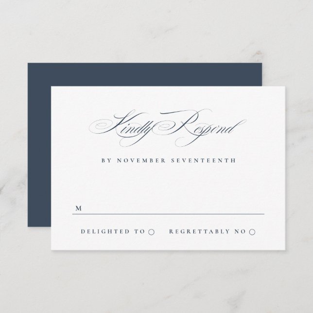 Classic Elegant Calligraphy Navy Blue Wedding RSVP Card (Front/Back)