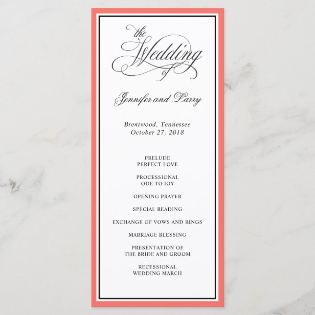 Classic Elegant Calligraphy Script Wedding Coral Program (Front)
