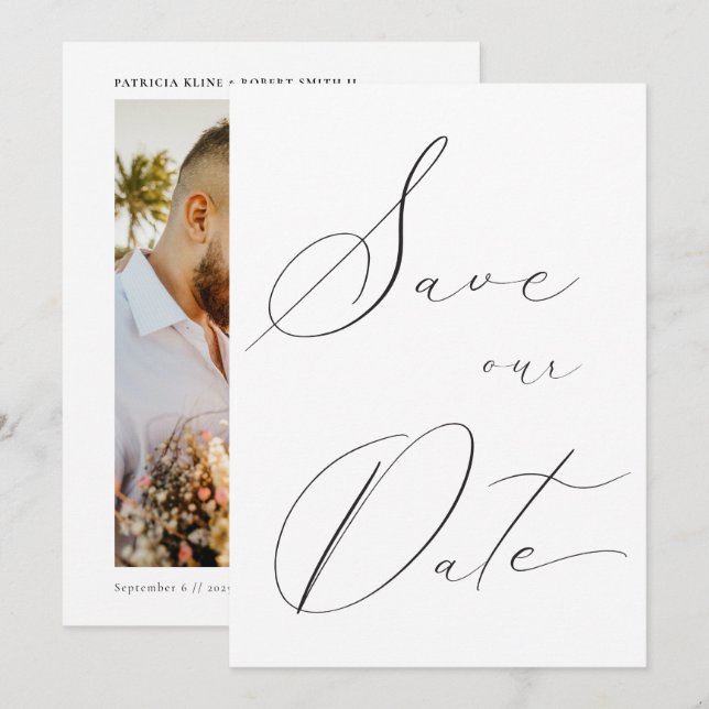 Classic Elegant Calligraphy Wedding Photo Save The Date (Front/Back)