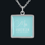 classic elegant chic custom turquoise Necklace<br><div class="desc">The design shows an elegant minimalist necklace in white and turquoise. A beautiful unique "mrs" text in whimsical calligraphy at the top and a customizable surname and date at the bottom. The design is extremely unique and classic and will be an elegant item to give any bride or newlywed as...</div>