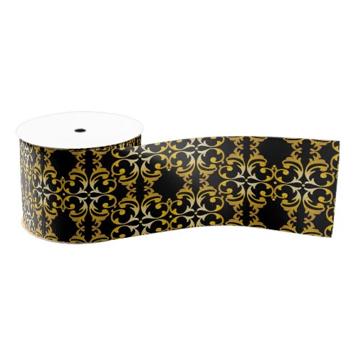 Classic Elegant Chic Gold and Black Damask Pattern Grosgrain Ribbon