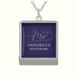 classic elegant chic navy blue and white Necklace<br><div class="desc">The design shows an elegant minimalist necklace in navy blue and white. A beautiful unique "mrs" text in whimsical calligraphy at the top and a customizable surname and date at the bottom. The design is extremely unique and classic and will be an elegant item to give any bride or newlywed...</div>