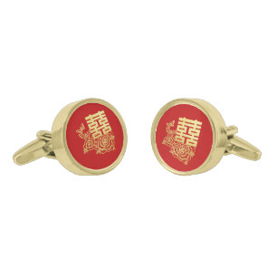 Classic elegant Chinese wedding logo floral red Cufflinks