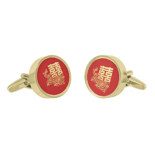Classic elegant Chinese wedding logo floral red Cufflinks (Angled)