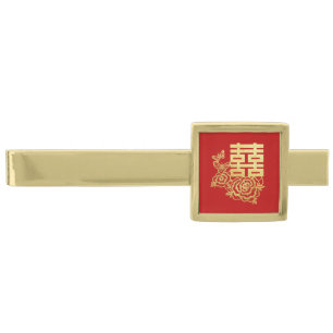 Classic elegant Chinese wedding logo floral red Gold Finish Tie Bar