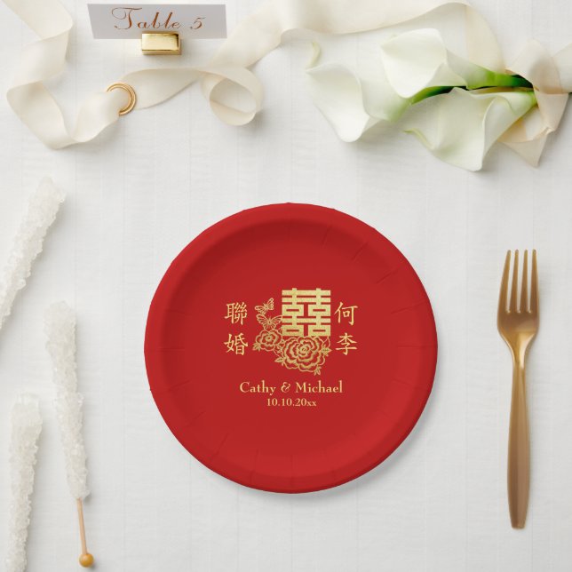 Classic elegant Chinese wedding logo floral red Paper Plates (Wedding)