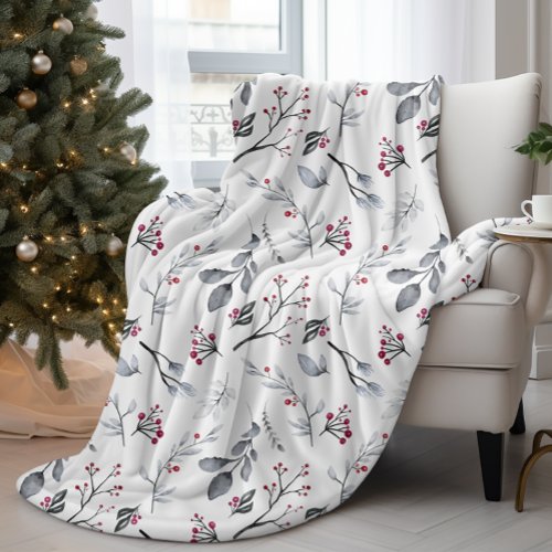 Classic Elegant Christmas Leaves and Berries Fleece Blanket